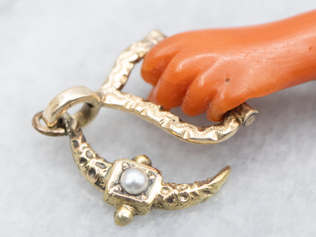 Antique Victorian Carved Coral Mano Figa Watch Fob Brooch