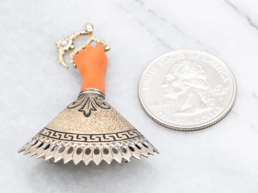 Antique Victorian Carved Coral Mano Figa Watch Fob Brooch