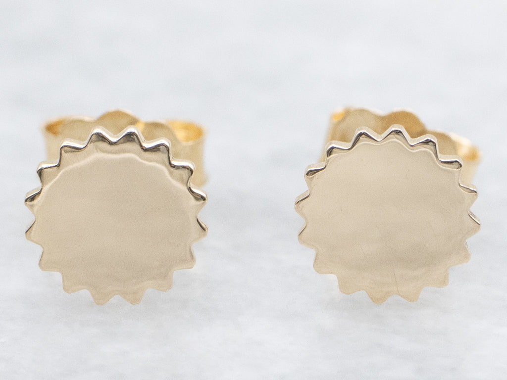 Polished Gold Disc Stud Earrings with Saw Edge
