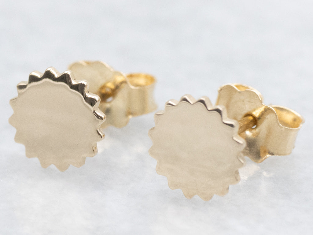 Polished Gold Disc Stud Earrings with Saw Edge