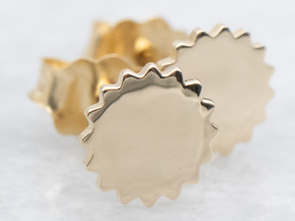 Polished Gold Disc Stud Earrings with Saw Edge