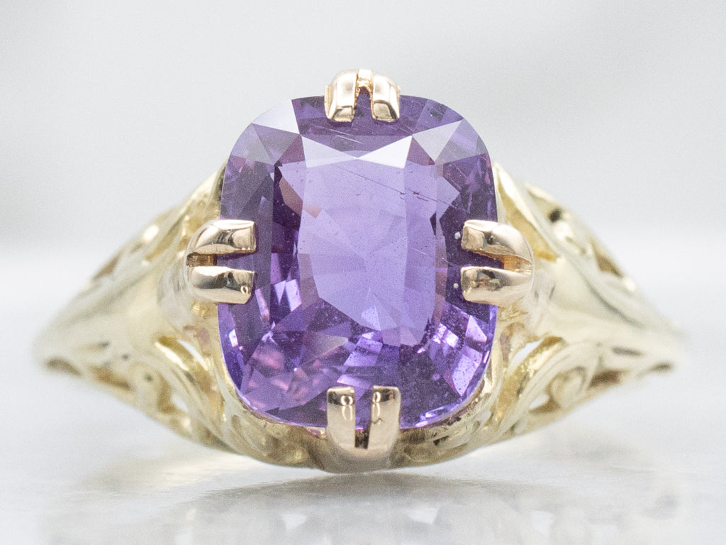 Antique Gold Filigree Cushion-Cut Purple Sapphire Solitaire Ring