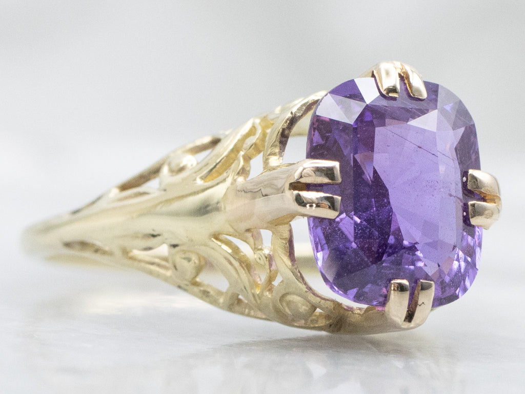 Antique Gold Filigree Cushion-Cut Purple Sapphire Solitaire Ring