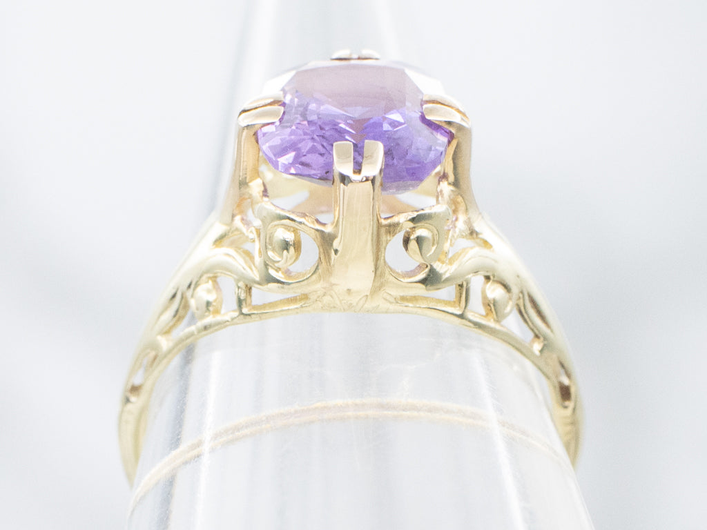 Antique Gold Filigree Cushion-Cut Purple Sapphire Solitaire Ring