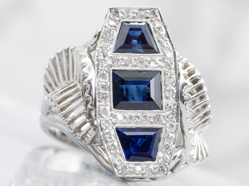 Modernist Sapphire and Diamond White Gold Statement Ring