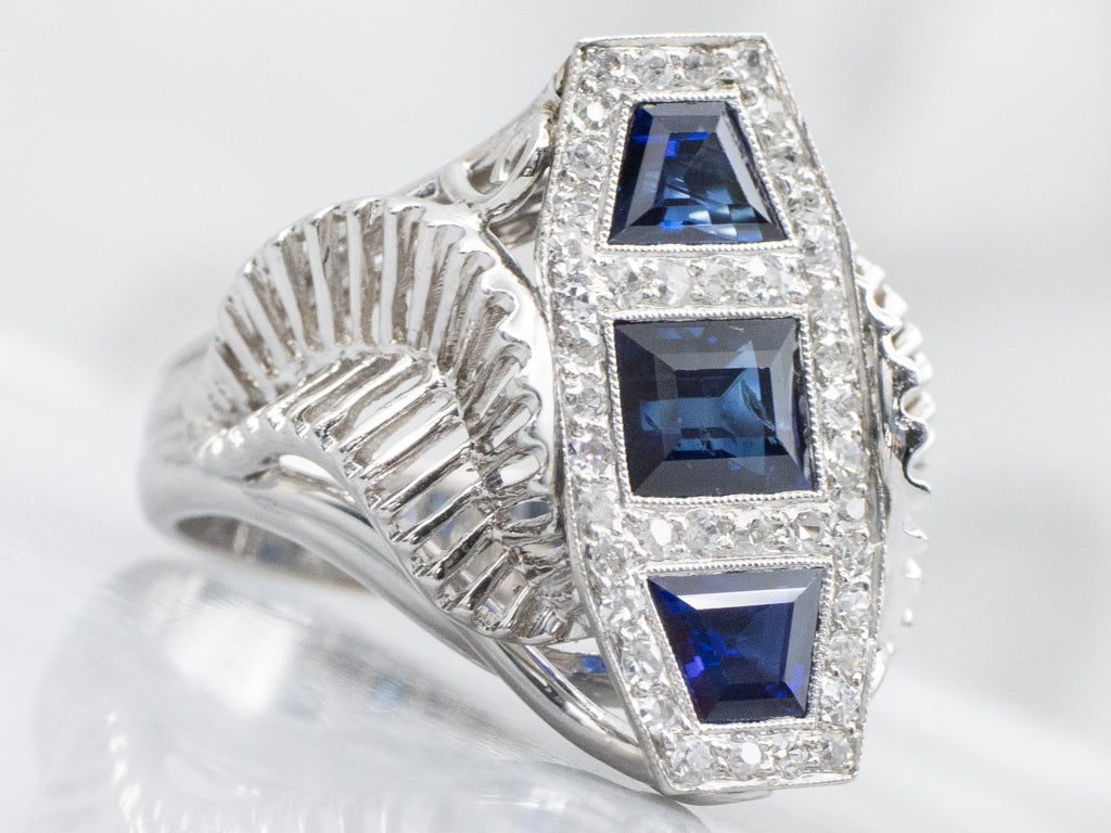 Modernist Sapphire and Diamond White Gold Statement Ring