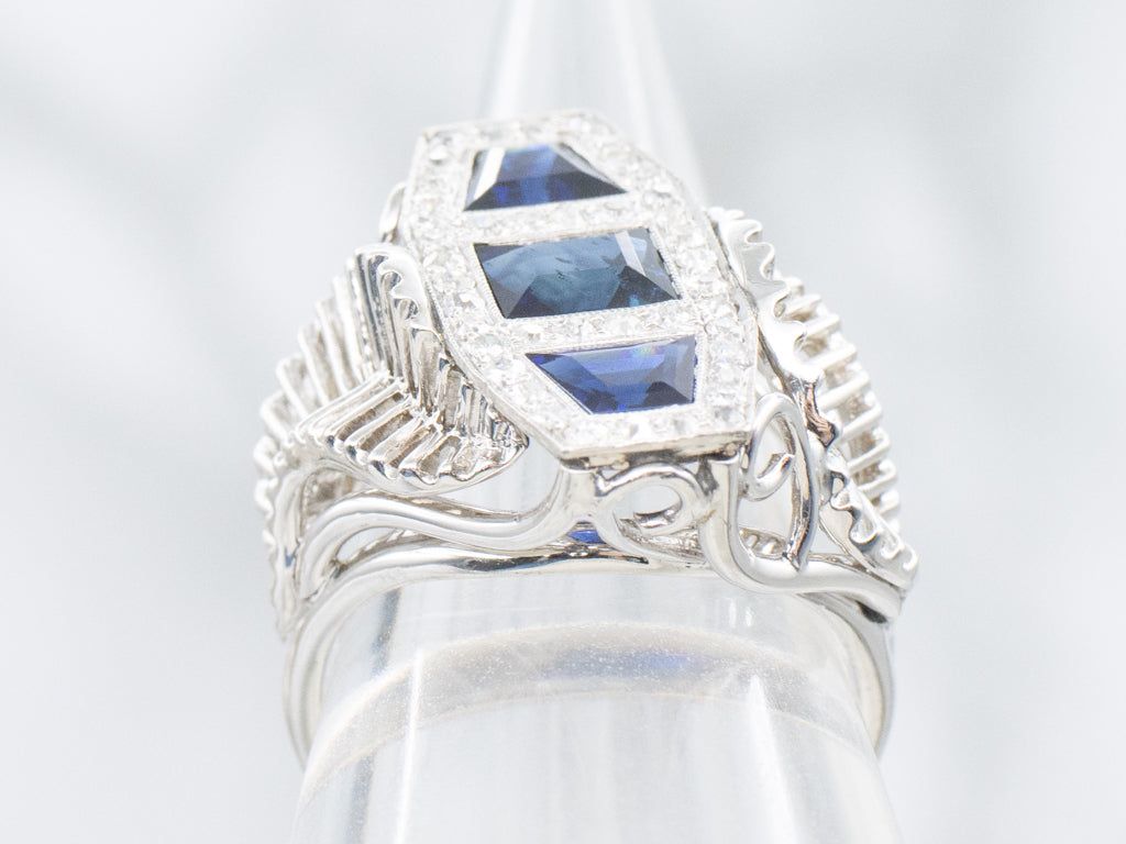 Modernist Sapphire and Diamond White Gold Statement Ring