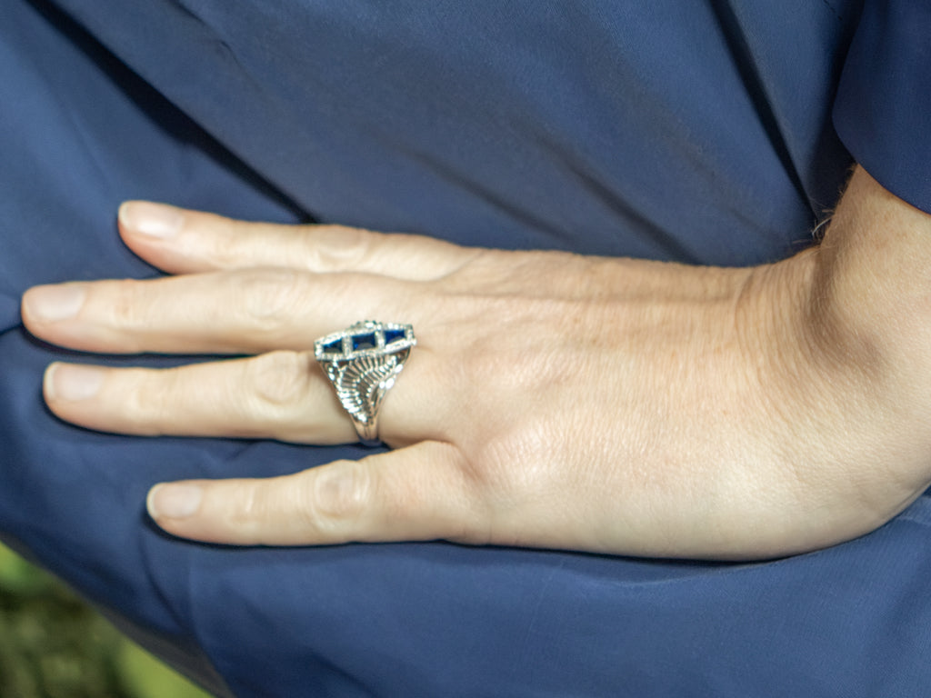 Modernist Sapphire and Diamond White Gold Statement Ring