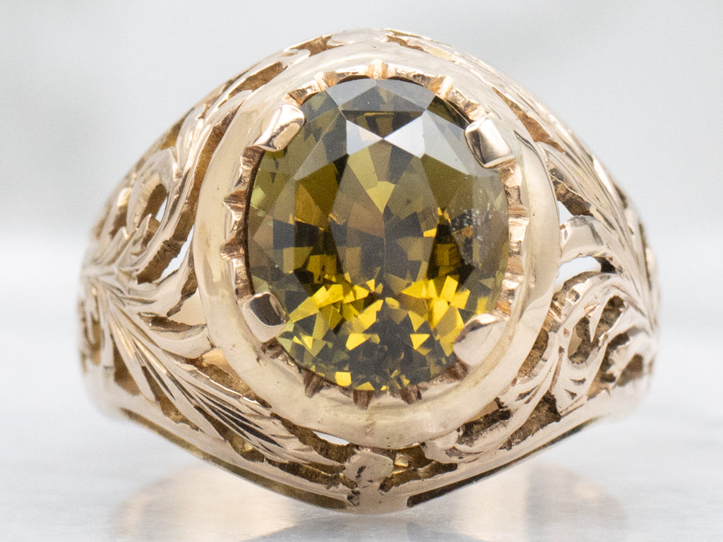 Beautiful Antique Scrolling Gold Chrysoberyl Botanical Statement Ring