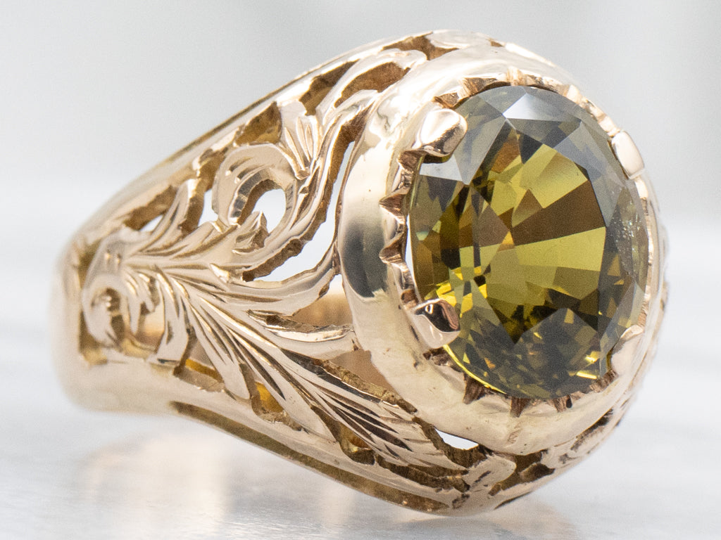Beautiful Antique Scrolling Gold Chrysoberyl Botanical Statement Ring