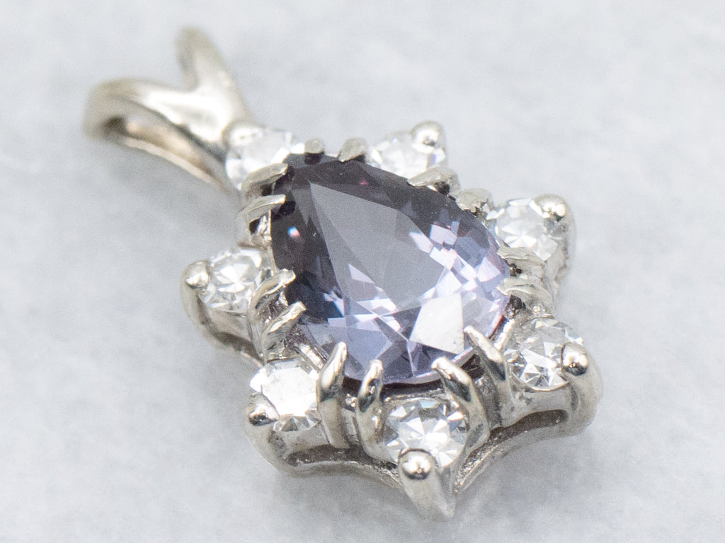 White Gold Color-Change Garnet and Diamond Halo Pendant