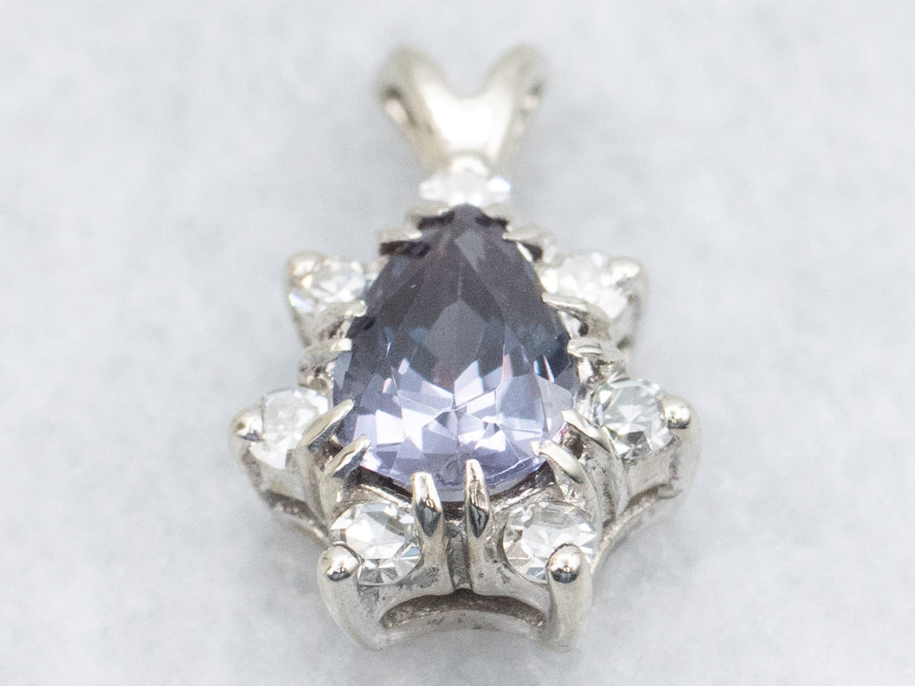 White Gold Color-Change Garnet and Diamond Halo Pendant