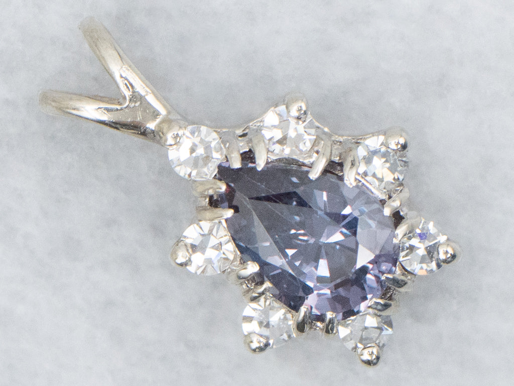 White Gold Color-Change Garnet and Diamond Halo Pendant