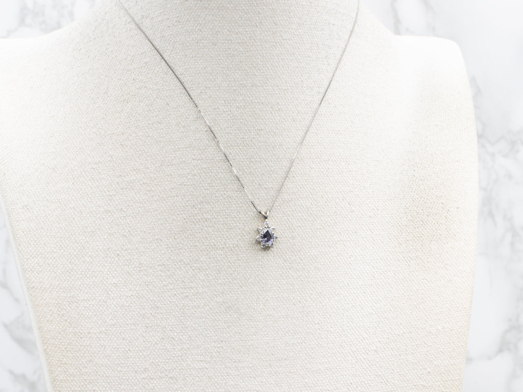 White Gold Color-Change Garnet and Diamond Halo Pendant