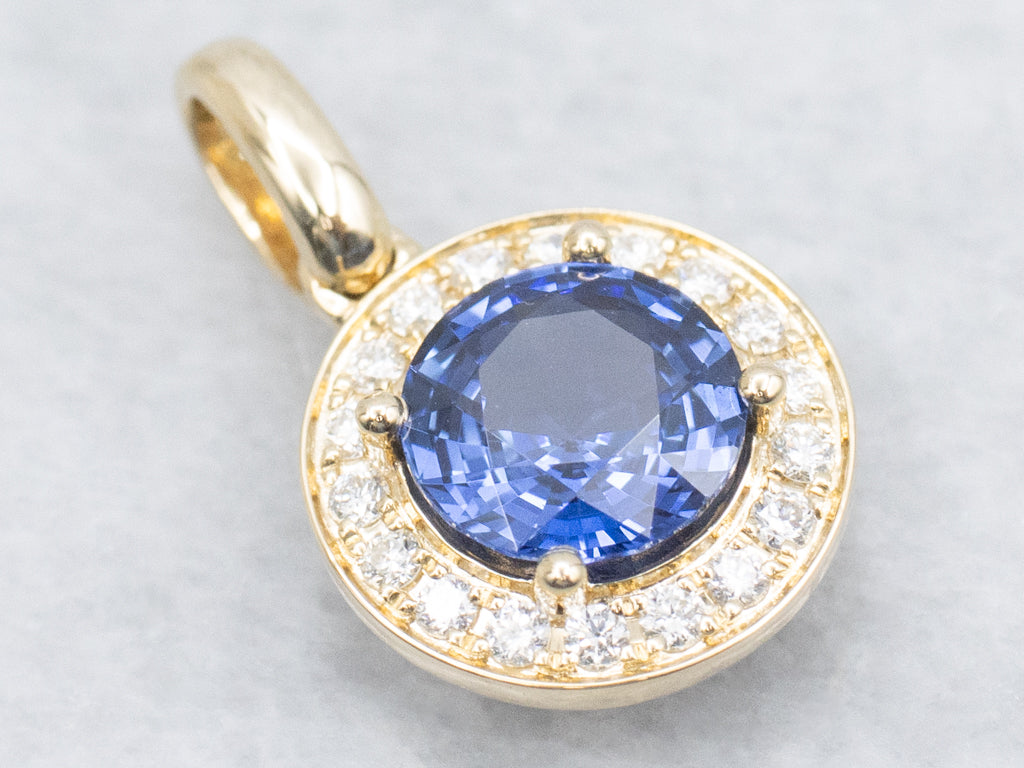 Round-Cut Sapphire and Diamond Halo Gold Pendant