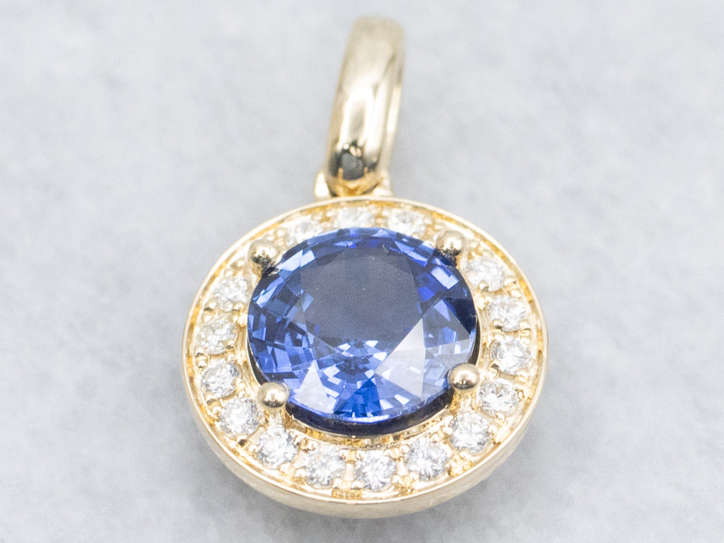 Round-Cut Sapphire and Diamond Halo Gold Pendant
