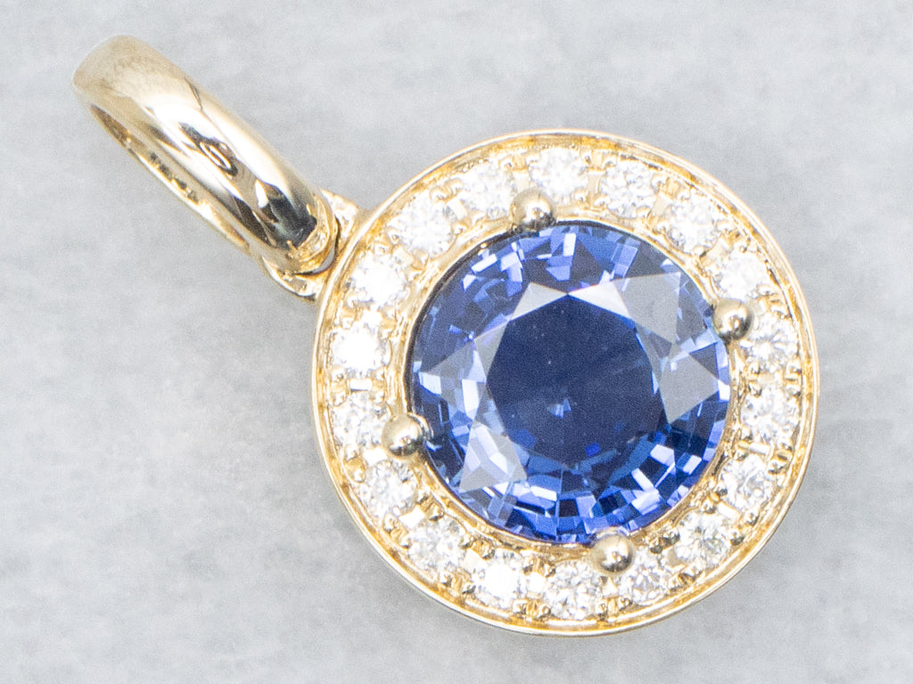 Round-Cut Sapphire and Diamond Halo Gold Pendant