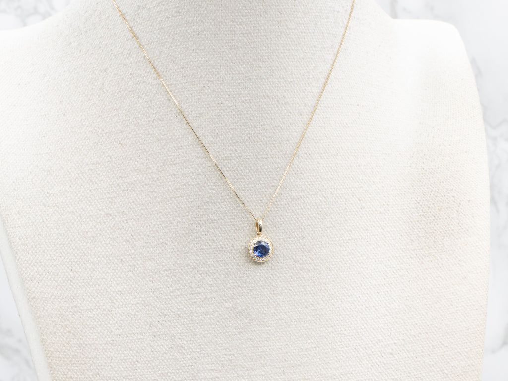 Round-Cut Sapphire and Diamond Halo Gold Pendant