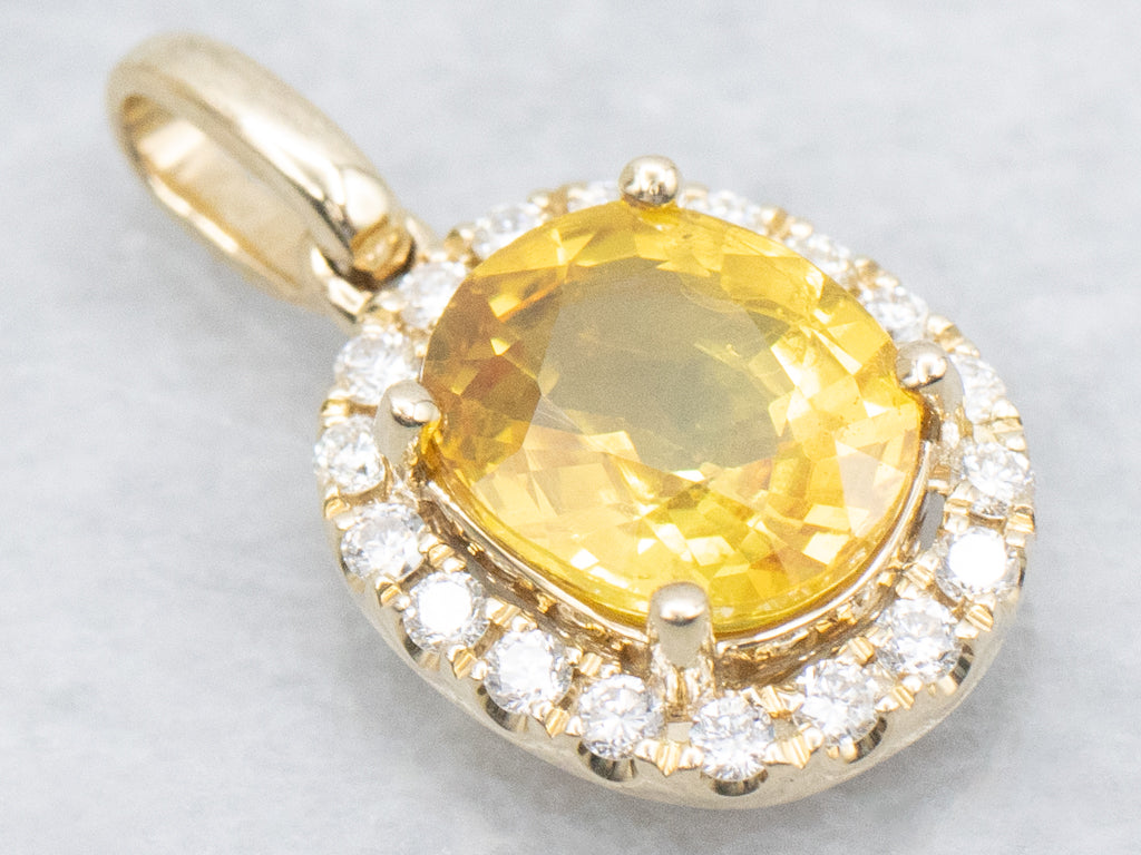 Modern Cushion-Cut Yellow Sapphire and Diamond Halo Pendant