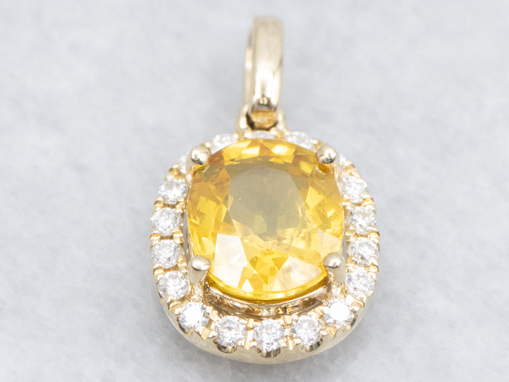 Modern Cushion-Cut Yellow Sapphire and Diamond Halo Pendant