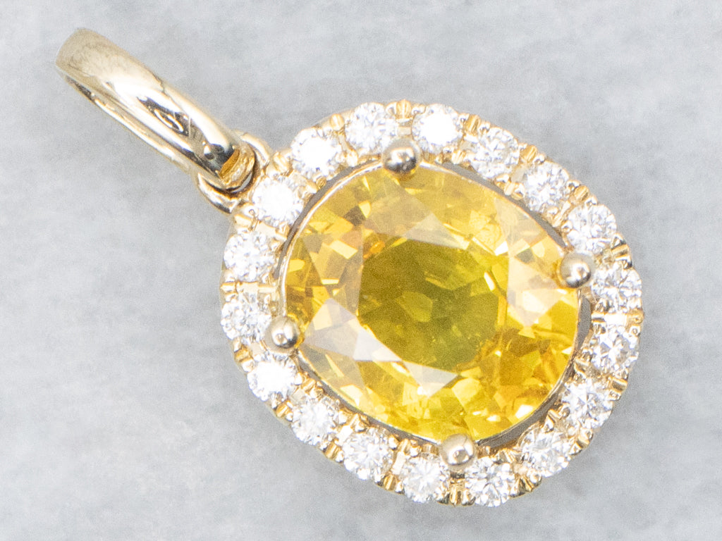 Modern Cushion-Cut Yellow Sapphire and Diamond Halo Pendant