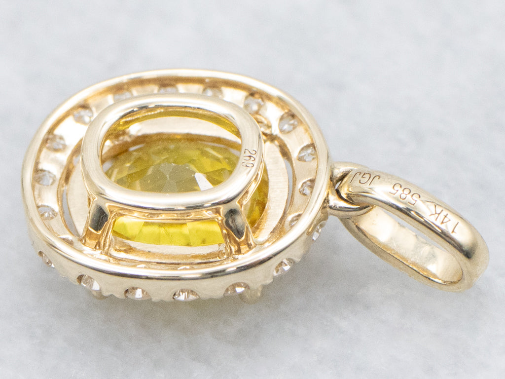 Modern Cushion-Cut Yellow Sapphire and Diamond Halo Pendant
