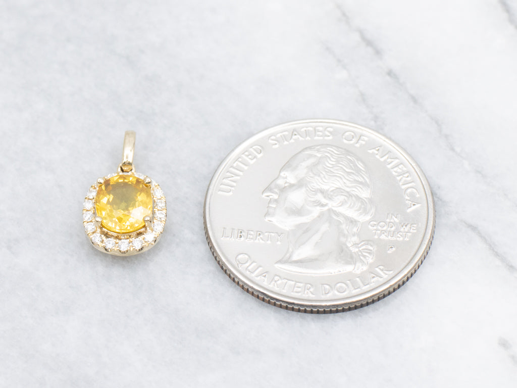 Modern Cushion-Cut Yellow Sapphire and Diamond Halo Pendant