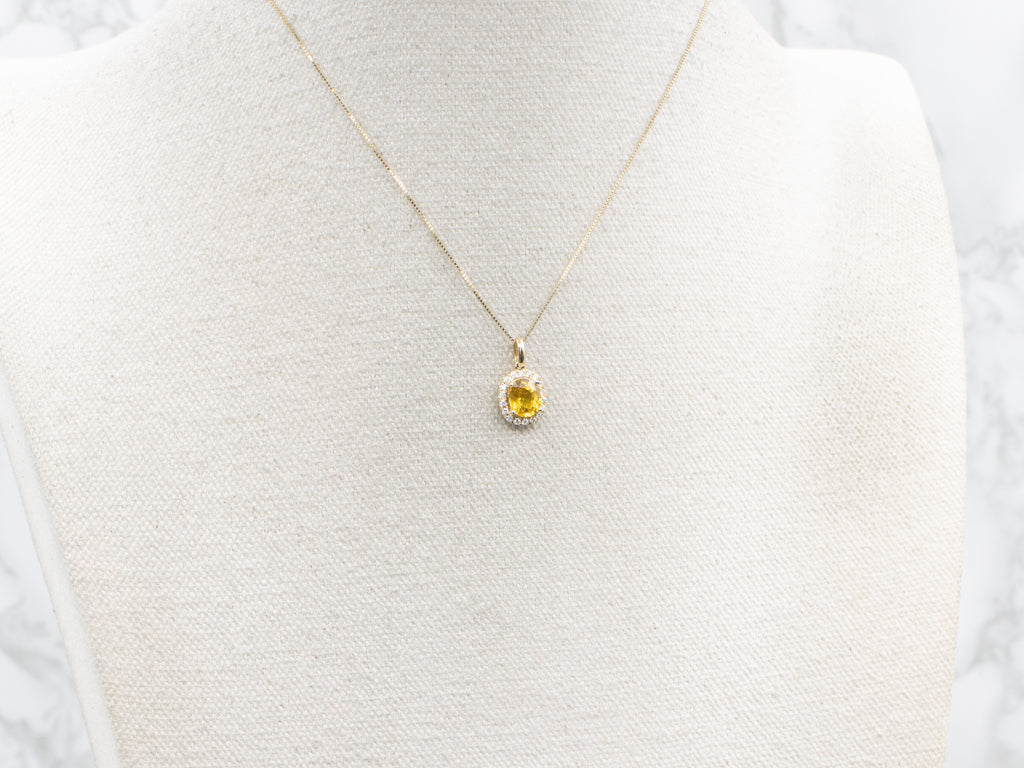 Modern Cushion-Cut Yellow Sapphire and Diamond Halo Pendant