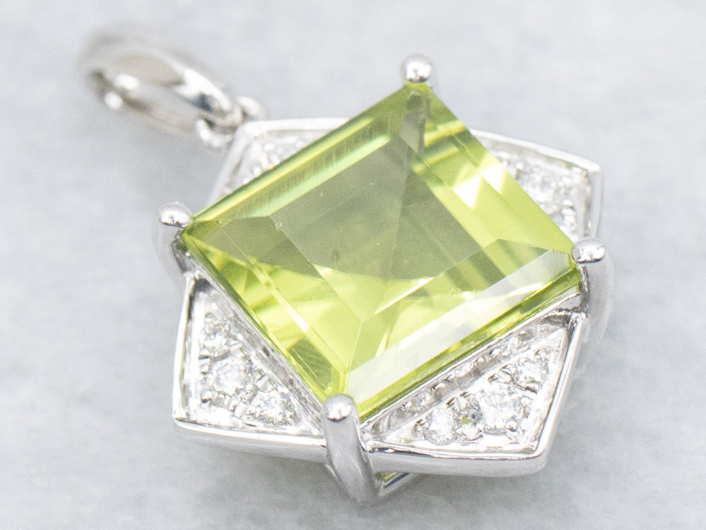White Gold Square-Cut Peridot and Diamond Pendant