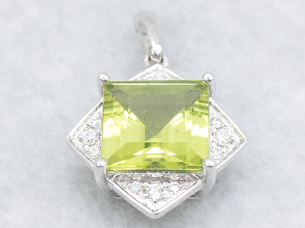 White Gold Square-Cut Peridot and Diamond Pendant