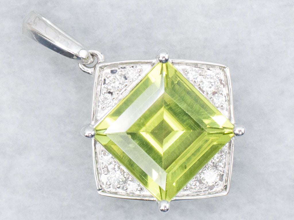 White Gold Square-Cut Peridot and Diamond Pendant