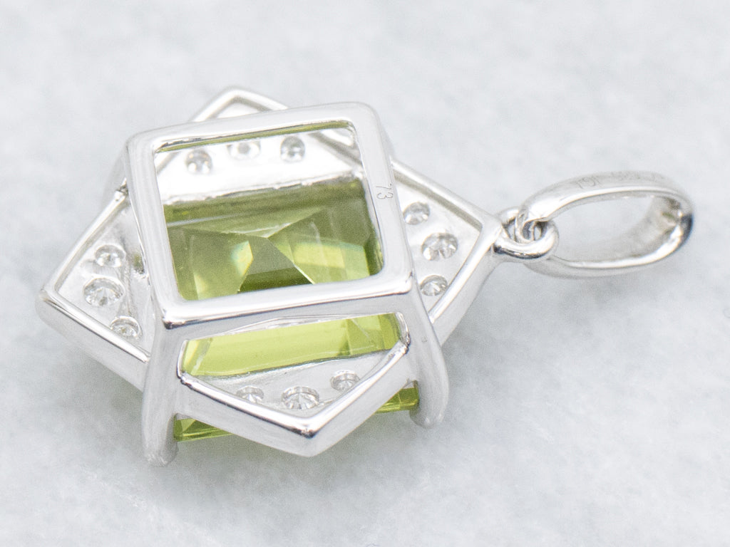 White Gold Square-Cut Peridot and Diamond Pendant