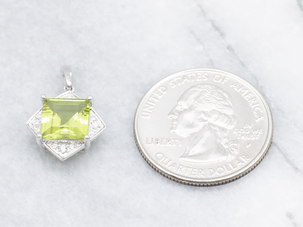 White Gold Square-Cut Peridot and Diamond Pendant