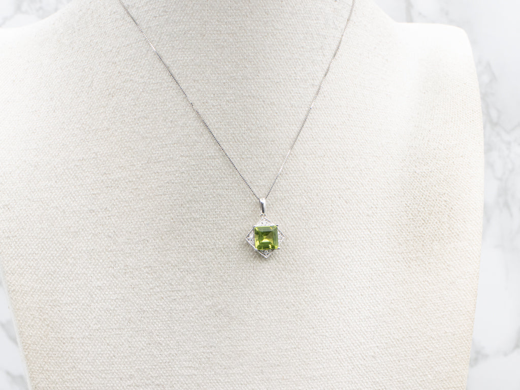 White Gold Square-Cut Peridot and Diamond Pendant