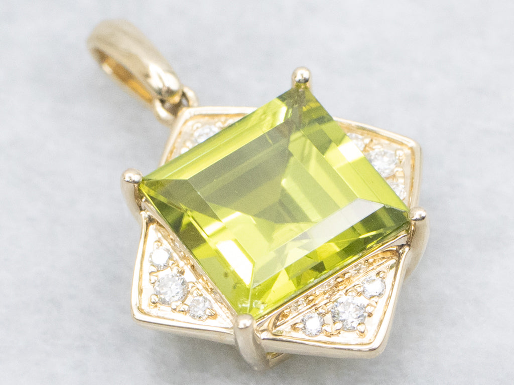 Modern Gold Peridot and Diamond Square Pendant