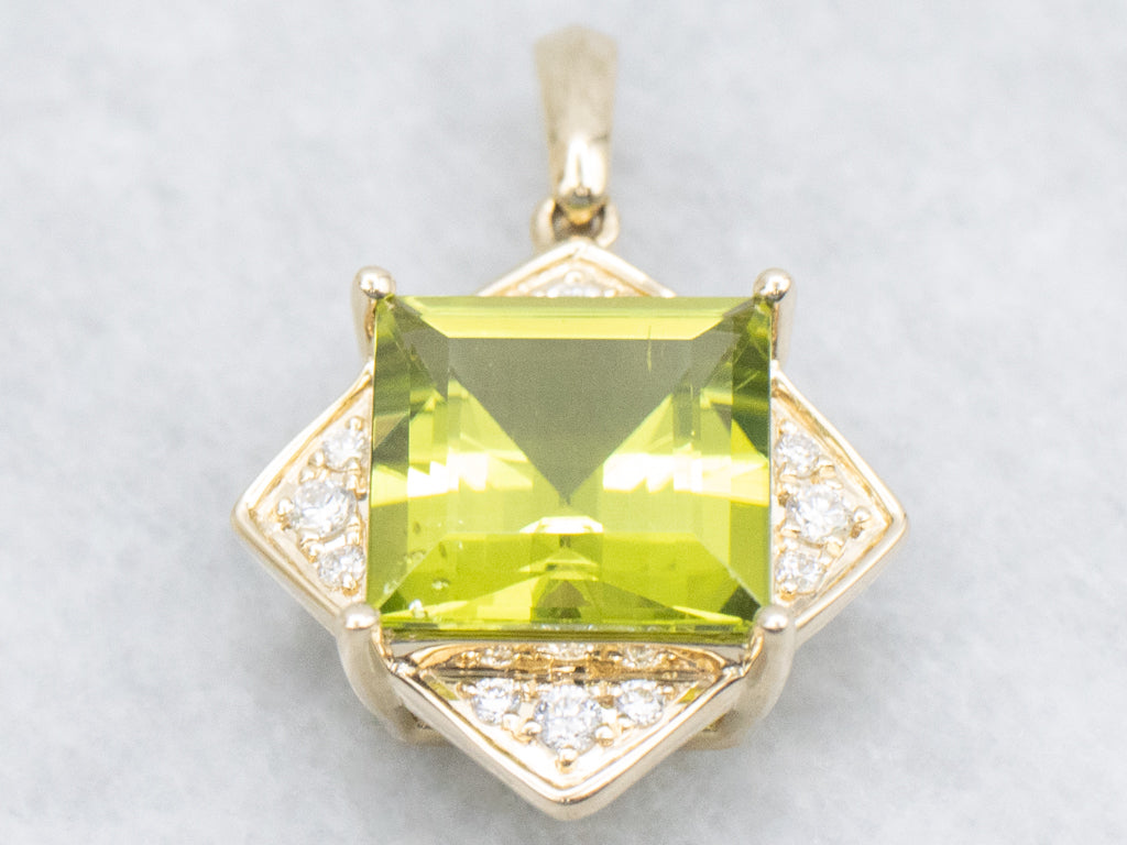 Modern Gold Peridot and Diamond Square Pendant
