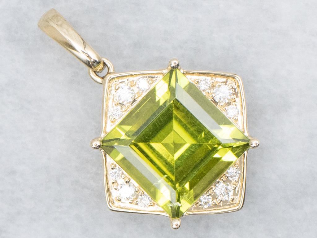 Modern Gold Peridot and Diamond Square Pendant