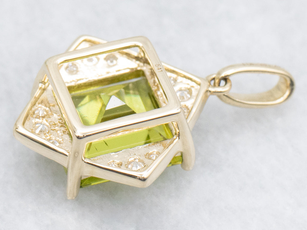 Modern Gold Peridot and Diamond Square Pendant
