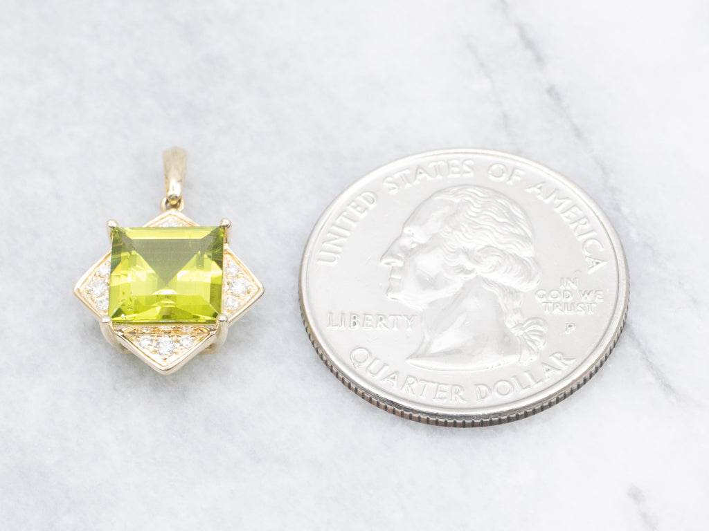 Modern Gold Peridot and Diamond Square Pendant