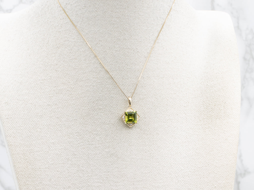 Modern Gold Peridot and Diamond Square Pendant