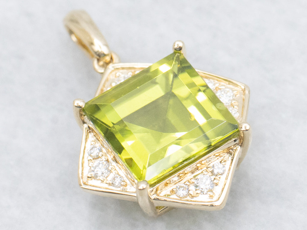 Square-Cut Peridot and Diamond Modern Gold Pendant