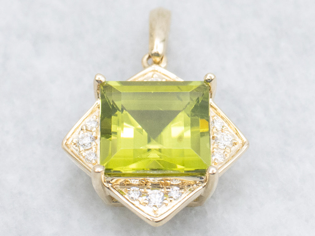 Square-Cut Peridot and Diamond Modern Gold Pendant