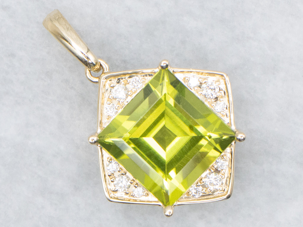 Square-Cut Peridot and Diamond Modern Gold Pendant