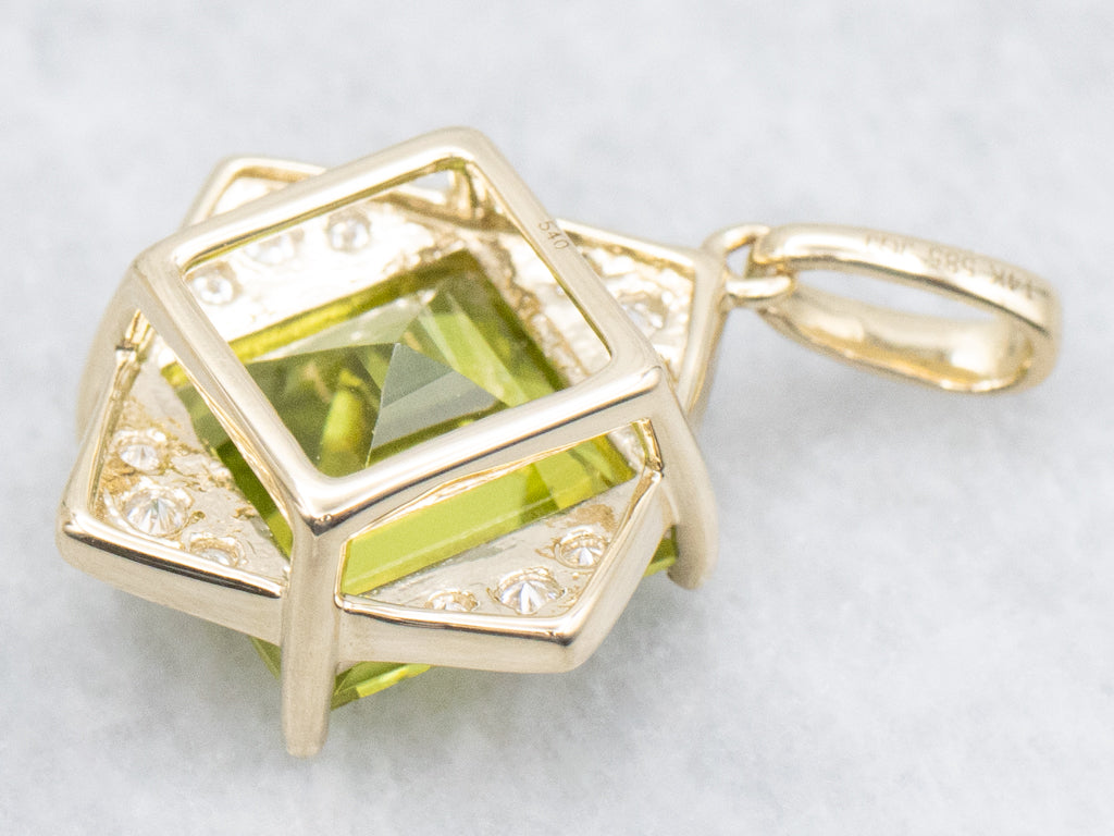 Square-Cut Peridot and Diamond Modern Gold Pendant