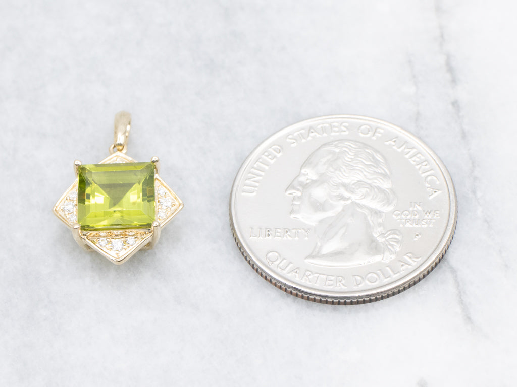 Square-Cut Peridot and Diamond Modern Gold Pendant
