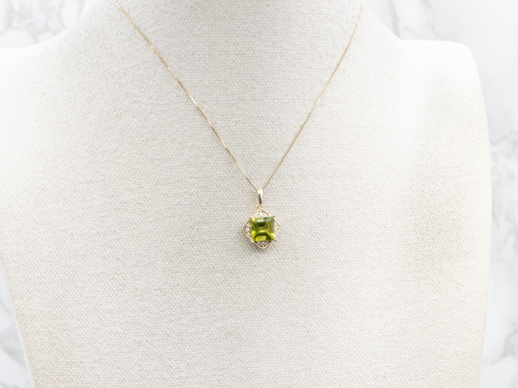 Square-Cut Peridot and Diamond Modern Gold Pendant