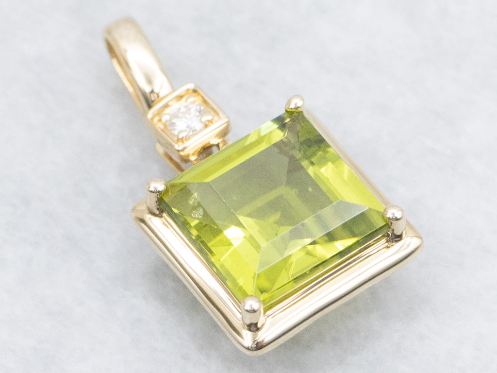 Modern Yellow Gold Peridot Pendant with Diamond Accent
