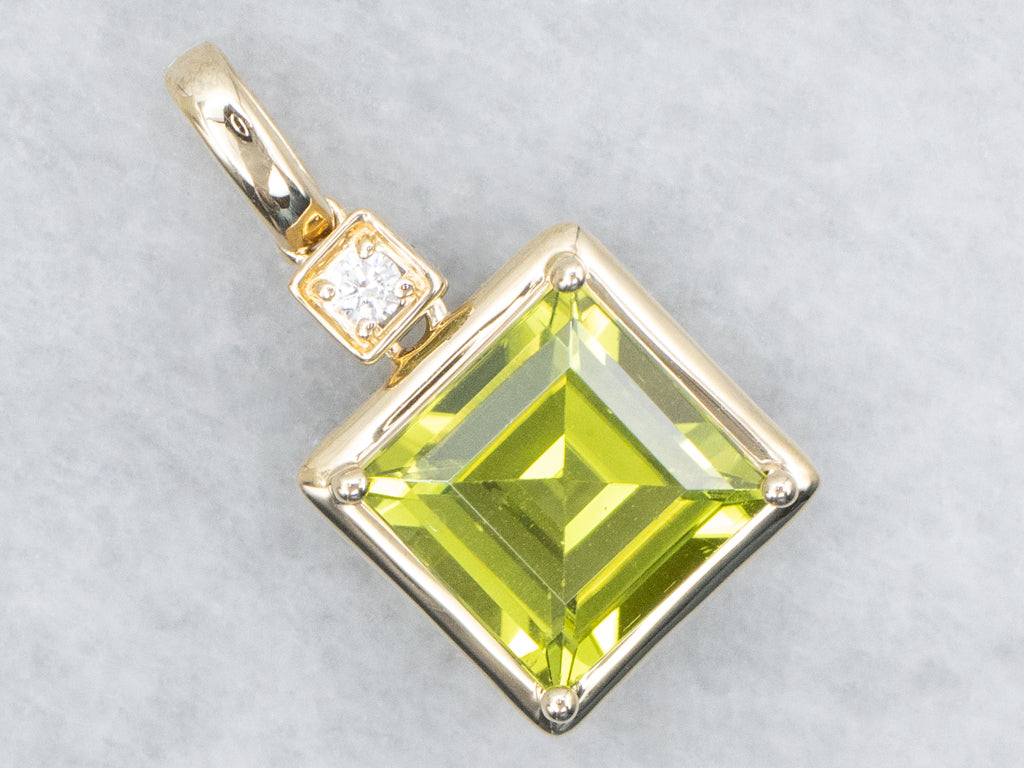 Modern Yellow Gold Peridot Pendant with Diamond Accent