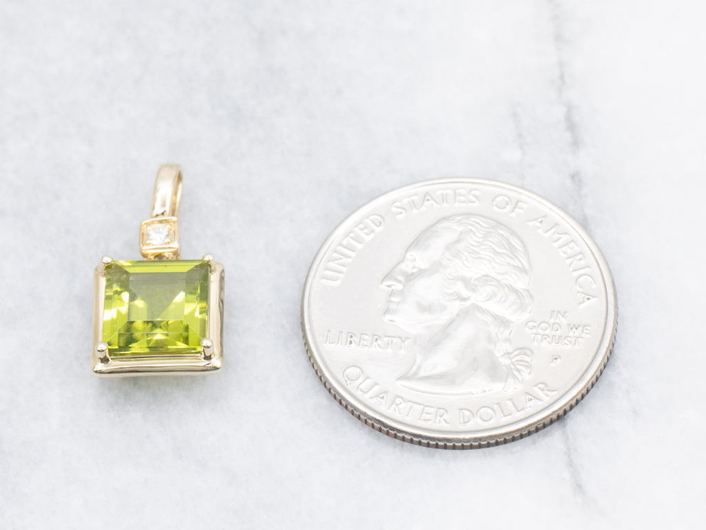 Modern Yellow Gold Peridot Pendant with Diamond Accent