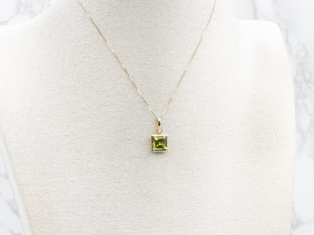 Modern Yellow Gold Peridot Pendant with Diamond Accent